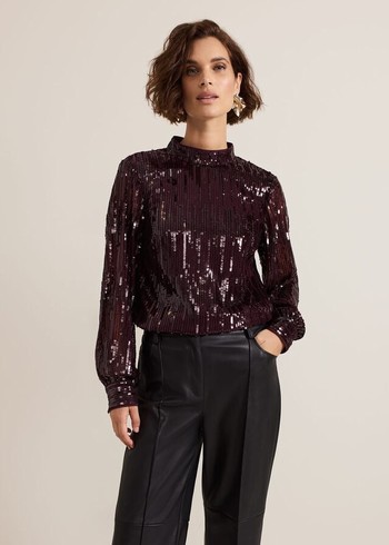 Phase Eight Hannah High Neck Sequin Shirts Burgundy USA | 0853476-XC